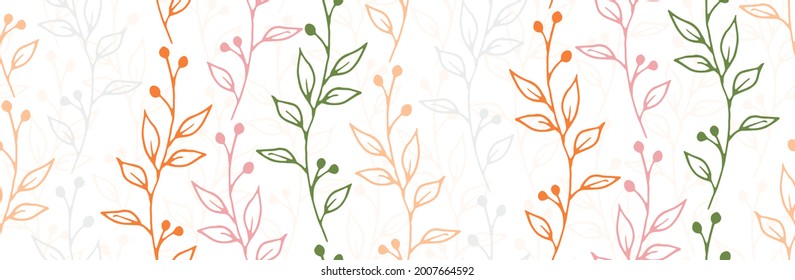 Berry bush branches botanical vector seamless ornament. Abstract floral textile print. Grass plants foliage and blossom wallpaper. Berry bush twigs spring seamless swatch