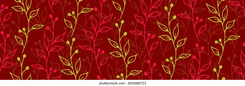 Berry bush branches botanical vector seamless pattern. Boho floral fabric print. Greenery plants foliage and blossom wallpaper. Berry bush sprigs isolated seamless pattern