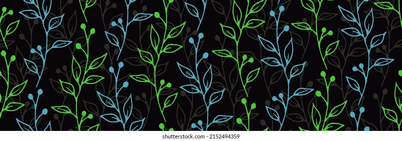 Berry bush branches botanical vector seamless ornament. Boho herbal graphic design. Greenery plants leaves and blossom wallpaper. Berry bush sprigs flat seamless pattern
