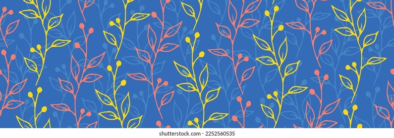 Berry bush branches hand drawn vector seamless background. Creative floral graphic design. Wild plants leaves and bloom illustration. Berry bush twigs growing seamless pattern