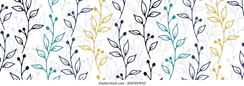 Berry bush branches natural vector seamless background. Romantic herbal graphic design. Grass plants leaves and stems illustration. Berry bush twigs growing endless design