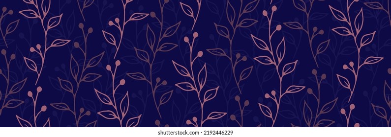 Berry bush branches natural vector seamless ornament. Minimalist floral graphic design. Wild plants leaves and blossom wallpaper. Berry bush twigs sketch endless design