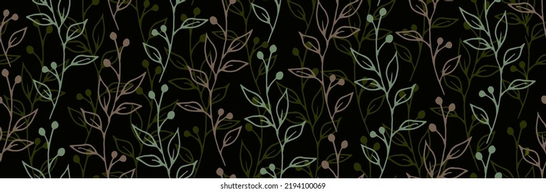 Berry bush branches natural vector seamless background. Boho floral graphic design. Grass plants leaves and blossom wallpaper. Berry bush sprigs doodle endless design