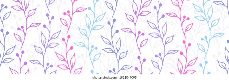 Berry bush branches organic vector seamless pattern. Ornate herbal textile print. Wild plants leaves and blossom illustration. Berry bush twigs girly fashion repeating background