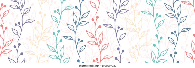 Berry bush sprigs botanical vector seamless background. Gentle floral graphic design. Garden plants foliage and stems wallpaper. Berry bush sprouts linear repeating ornament