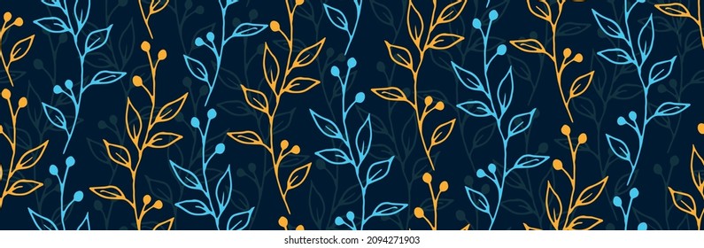 Berry bush sprigs botanical vector seamless pattern. Ditsy herbal graphic design. Grass plants foliage and stems wallpaper. Berry bush branches home style repeating background
