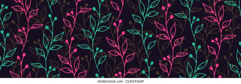 Berry bush sprigs botanical vector seamless background. Modern floral graphic design. Garden plants foliage and buds wallpaper. Berry bush twigs summer repeating background