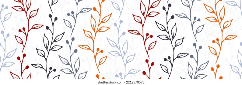 Berry bush sprigs botanical vector seamless background. Abstract herbal graphic design. Herb plants foliage and buds illustration. Berry bush branches home style endless background