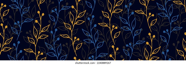 Berry bush sprigs botanical vector seamless background. Chic floral fabric print. Wild plants foliage and buds illustration. Berry bush sprouts summer seamless swatch