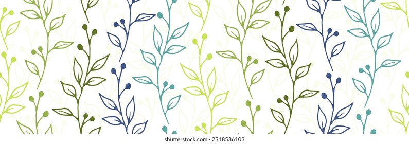 Berry bush sprigs botanical vector seamless background. Boho herbal textile print. Grass plants foliage and bloom wallpaper. Berry bush sprouts spring seamless background