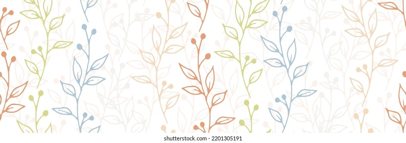 Berry bush sprigs hand drawn vector seamless ornament. Romantic herbal textile print. Greenery plants foliage and buds wallpaper. Berry bush sprouts growing endless ornament