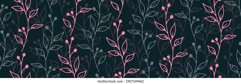 Berry bush sprigs natural vector seamless ornament. Abstract herbal fabric print. Wild plants foliage and bloom illustration. Berry bush twigs linear endless background