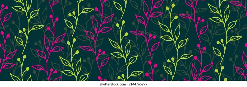 Berry bush sprigs natural vector seamless ornament. Boho floral fabric print. Wild plants foliage and stems illustration. Berry bush twigs summer seamless pattern