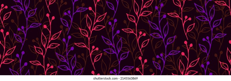 Berry bush sprigs organic vector seamless background. Cute herbal fabric print. Wild plants leaves and stems wallpaper. Berry bush twigs home style endless swatch