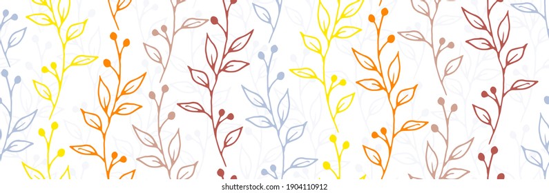 Berry bush sprouts botanical vector seamless background. Beautiful floral fabric print. Herb plants leaves and blossom illustration. Berry bush twigs home style seamless pattern