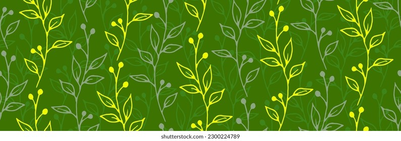 El arbusto de berry brota un patrón natural sin fisuras vectorial. Diseño gráfico de flores chic. Ilustración de hojas y tallos de plantas silvestres. Las ramas de los arbustos de los cerezos giran la moda sin fisuras diseño