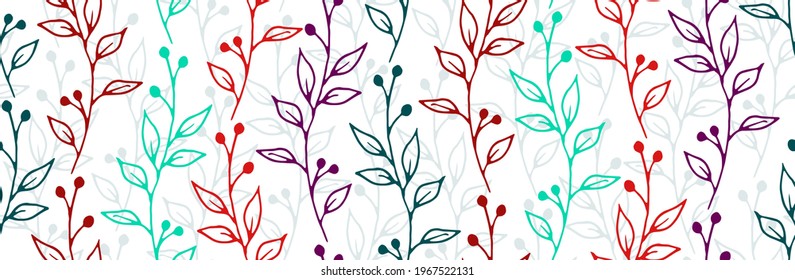 Berry bush sprouts organic vector seamless background. Creative floral textile print. Meadow plants leaves and blossom wallpaper. Berry bush twigs home style repeating design