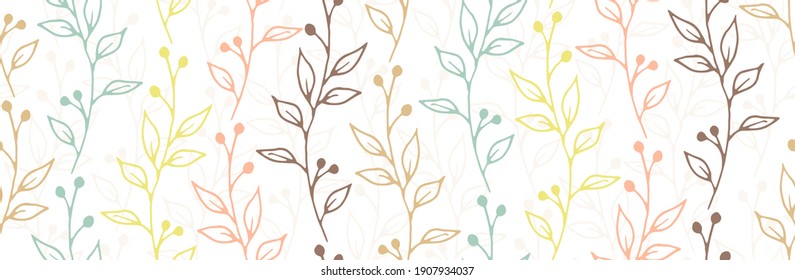 Berry bush twigs botanical vector seamless ornament. Gentle herbal graphic design. Greenery plants leaves and stems wallpaper. Berry bush sprigs sketch endless pattern