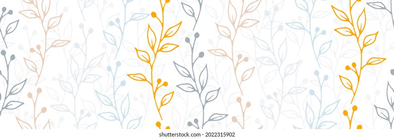 Berry bush twigs botanical vector seamless background. Ditsy floral fabric print. Wild plants foliage and buds illustration. Berry bush branches home style seamless design