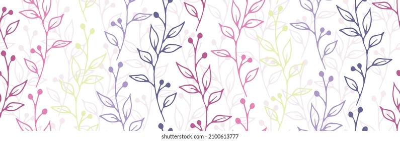 Berry bush twigs botanical vector seamless pattern. Romantic herbal fabric print. Wild plants leaves and blossom wallpaper. Berry bush branches girly fashion seamless background