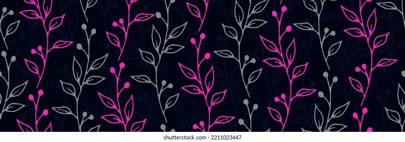 Berry bush twigs botanical vector seamless ornament. Modern herbal textile print. Meadow plants foliage and bloom wallpaper. Berry bush branches flat seamless swatch