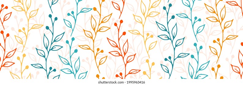 Las ramas del arbusto de Berry dibujaron a mano el vector de fondo sin fisuras. Impresión textil floral. Hojas de plantas de hierba y ilustración de florecimiento. Ramas de arbusto de berry que crecen en el fondo de repetición