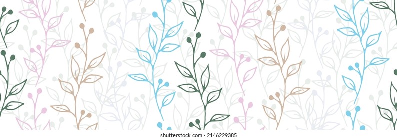 Berry bush twigs natural vector seamless pattern. Modern herbal fabric print. Herb plants foliage and stems illustration. Berry bush sprouts spring endless ornament