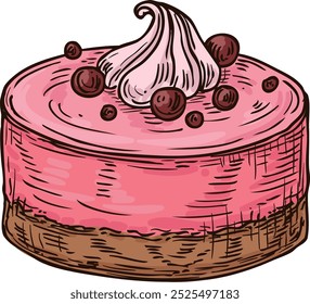 Berry cake color drawing. Pink chocolate dessert