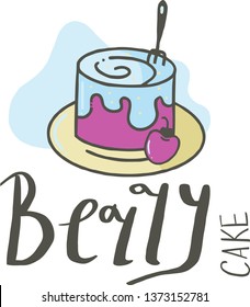 Berry cake with a fork and a raspberry on a plate. Flat vector illustration. Hand drawn lettering berry cake on white background.