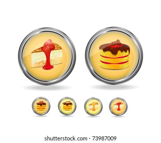 Berry Cake Icon Set With Strawberry, Peach and Cherry Covered By Chocolate