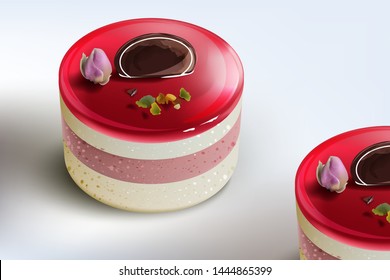 Berry cake mousse Vector realistic. Sweet desserts collection with strawberry and flower