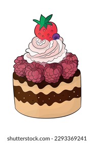 Berry cake with raspberries and strawberries. Kids illustration of a sweet dessert for books, coloring books, prints, etc.