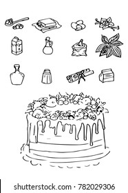 berry cake. Set of vector elements: sugar, butter, eggs, vanilla, flour, milk, vinegar, cocoa, salt, cinnamon, baking parachoc. Cartoon illustration