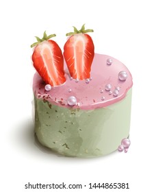 Berry cake Vector watercolor. Sweet desserts with strawberry and flowers decor