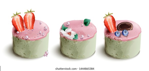 Berry cake Vector watercolor. Sweet desserts with strawberry and flowers decor