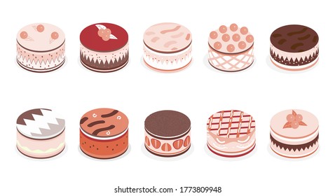 berry cakes isometric stock vector set