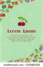 Berry card with text and vector color illustrations of strawberry, raspberry, cherry, blueberry, cloudberry, dogrose and cranberry for graphic design