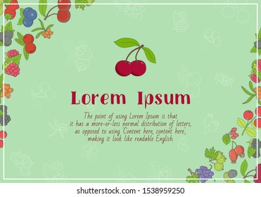 Berry card with text and vector color illustrations of strawberry, raspberry, cherry, blueberry, cloudberry, dogrose and cranberry for graphic design