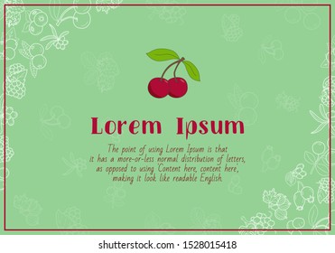 Berry card with text and vector outline illustrations of strawberry, raspberry, cherry, blueberry, cloudberry, dogrose and cranberry for graphic design