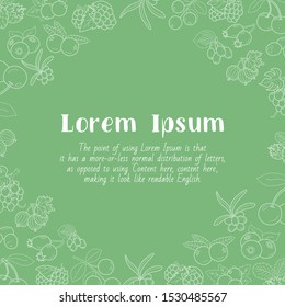 Berry card with text and vector outline illustrations of strawberry, raspberry, cherry, blueberry, cloudberry, dogrose and cranberry for graphic design