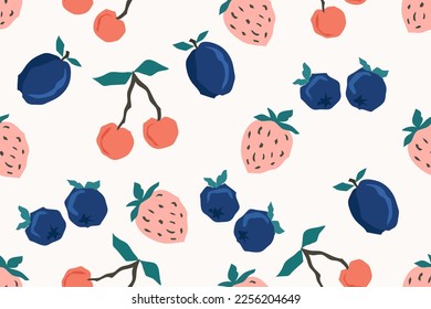 Berry cherry strawberry and plum seamless pattern, kids hand drawn print for textile fabric design