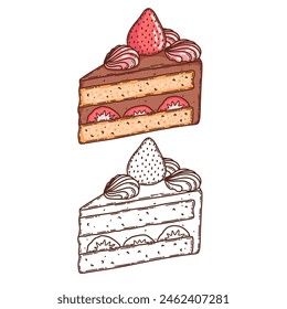 Berry and chocolate cake with cream vector coloring page for coloring book. Bake sweet dessert product. 