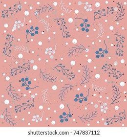 Berry, Christmas Brier Spray Pattern. Hand drawn, whimsical, traditional style on pink. Colorful artistic design, blossom. For backgrounds, wallpapers, fabric, prints, textiles, wrapping, cards, cover