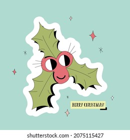 Berry Christmas greeting card with holly berry comic character isolated on blue background. New Year banner template. Funny pun vector design.