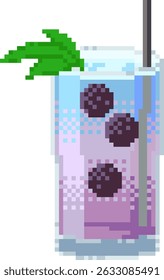 Berry cocktail with blackberry and mint in pixel art style. Summer fruity drink in retro 8 bit design. Fun digital element for games, menu design and stickers.