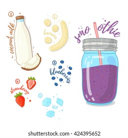 Berry cocktail for healthy life. Smoothies with blueberry, coconut milk, strawberry and banana. Recipe berry smoothie in a glass jar. Vector.