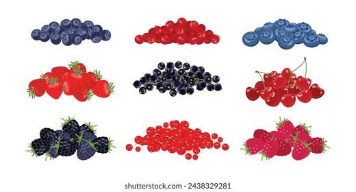 Berry collection. Heap of raspberry, strawberry, blueberry, cherry, bilberry, red currant, cranberry, black currant and blackberry. Set of vector cartoon flat illustrations.