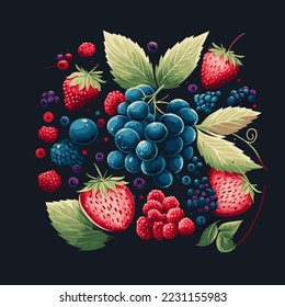 Berry color Hand drawn vector set. Fruit botany illustration. Berries Vector Flat color style. Currant, raspberry, strawberry, blueberry, cherry on dark background