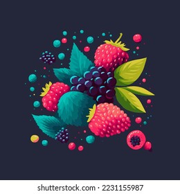 Berry color Hand drawn vector set. Fruit botany illustration. Berries Vector Flat color style. Currant, raspberry, strawberry, blueberry, cherry on dark background