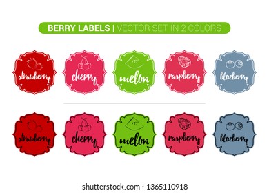 Berry Colorful label vector set in green, red, blue colors. Cartoon Advertising Stickers. Hand drawn Vintage Badges with strawberry, cherry, melon, raspberry, blueberry ready for web and Print